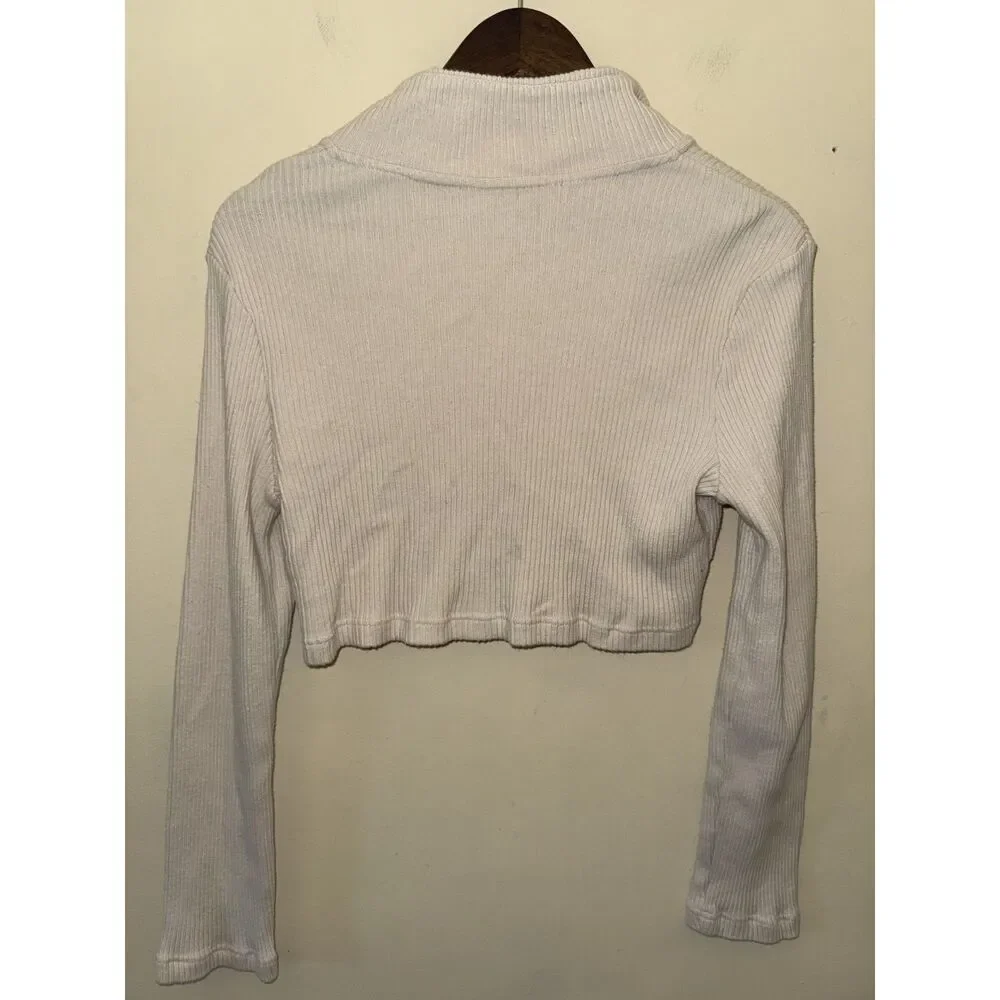 Free People FP Beach Cream Ribbed Cropped Collared Plunge Long Sleeve Top M